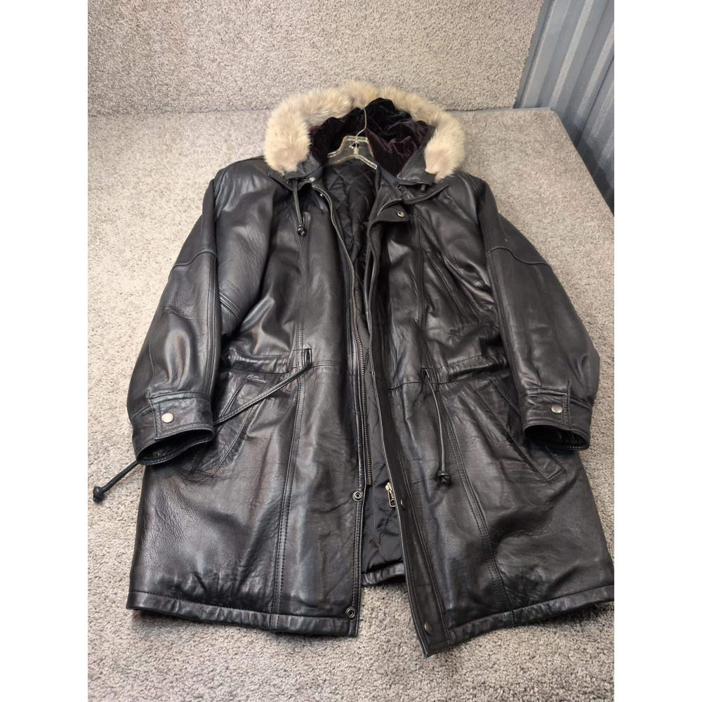 Black Genuine Leather Parka Jacket Dyed Fox Fur Trim Hood Quilted Lining L